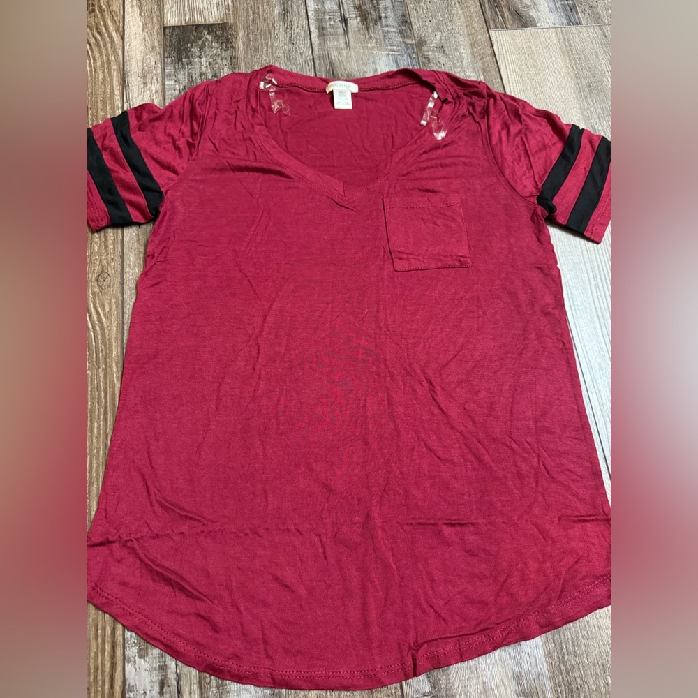 Bozzolo Maroon V-Neck Women’s Top with Black Stripes on the sleeves – S, M, L